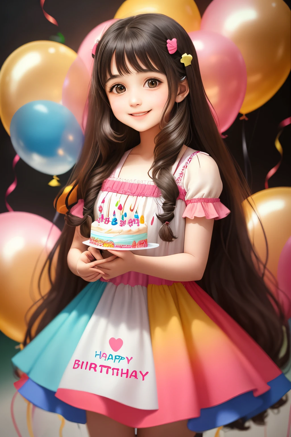 A girl with long hair wearing a dress,Two hands holding a birthday cake,Looking at the camera with a happy smile, Surrounded by colorful balloons,Birthday card that says Happy birthday Nikhil