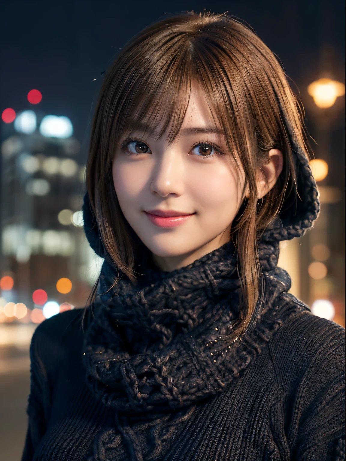 1 japanese girl,(Black sweater:1.4),(She wears a knitted snood around her neck to hide her chin:1.5), (Raw photo, Best Quality), (Realistic, Photorealsitic:1.4), masutepiece, extremely delicate and beautiful, Extremely detailed, 8k wallpaper, amazing, finely detail, extremely detailed CG Unity, hight resolution, Soft light, Beautiful detailed 19 year old girl, extremely detailed eye and face, beautiful detailed nose, Beautiful detailed eyes,Cinematic lighting,city light at night,Perfect Anatomy,Slender body,Smiling  (hair messy, asymmetrical bangs, light brown hair,)