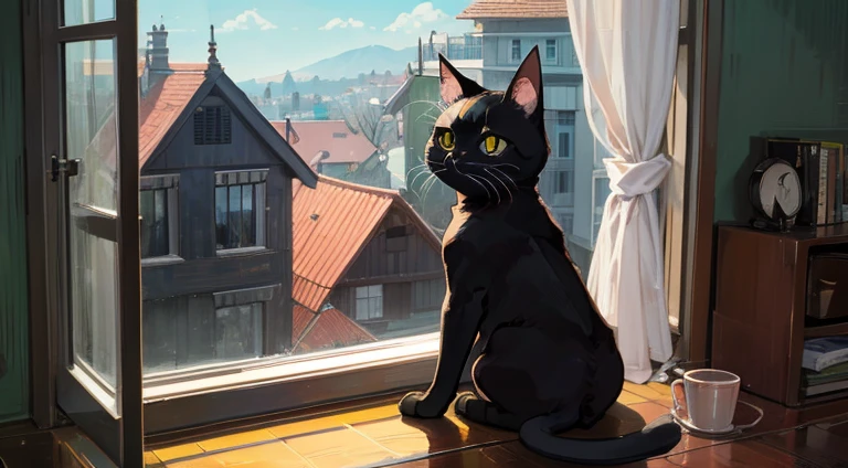 A black cat with cute round eyes。,Staring out the window in a house