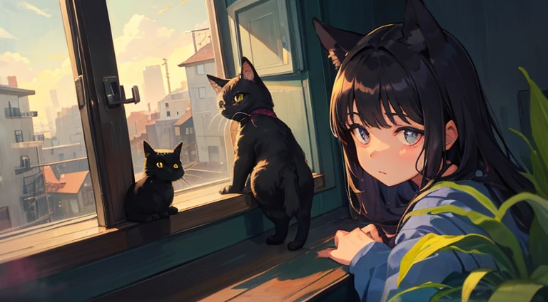 A black cat with cute round eyes。,Staring out the window in a house