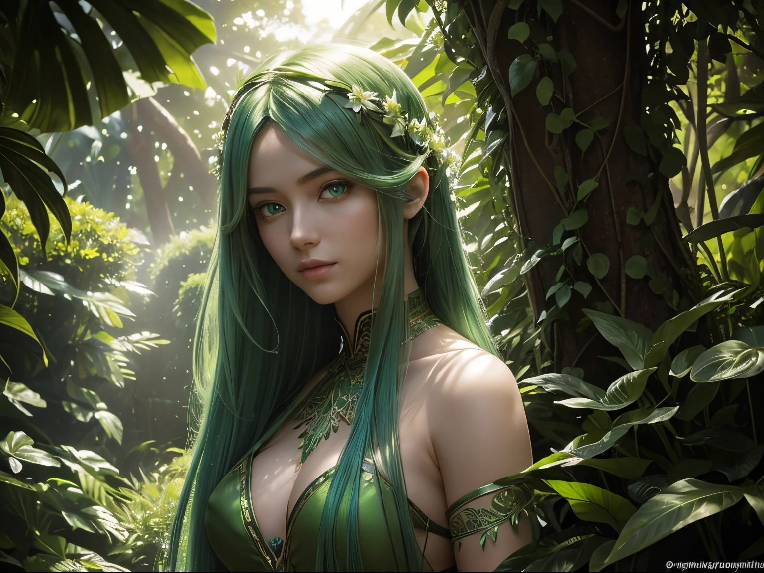 (masterpiece), realistic, cinematic light, A girl with flowing green hair and vibrant, glowing green eyes stands gracefully in a mesmerizing garden. The garden is filled with a diverse array of exotic plants, ranging from delicate flowers to towering trees. The sunlight gently filters through the lush foliage, casting intricate patterns of light and shadow on the girl's ethereal form.