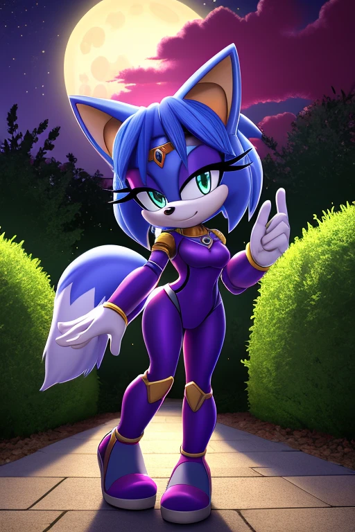 Krystal The Fox, Beautiful, Purple Bodysuit Armor, Garden, Night, Full Moon, Looking at Viewer.