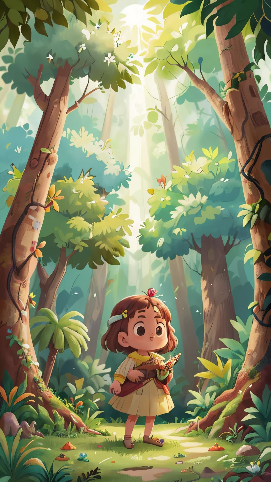 Floresta aberta no outono, (Desenho de arte de obra-prima, 1 garota camponesa, ( Improved detailed animations),roupas simples vestido velho (obra-prima detalhada),ln a floresta, (realista),raios de sol, nuvem,Terrenos baldios,floresta rala(poucas folhas nas arvores),troco de madeira,1 rapousa, 1 galinha,grande cena,(Detalhes extremamente altos),