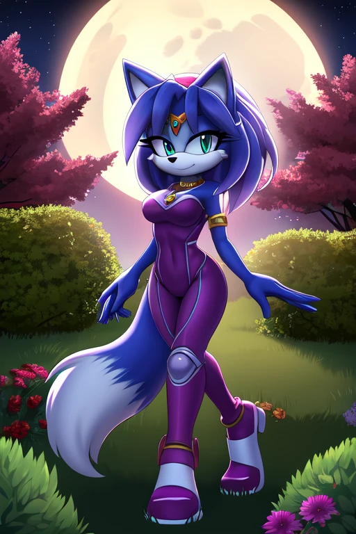 Krystal The Fox, Beautiful, Purple Bodysuit Armor, Garden, Night, Full Moon, Looking at Viewer.