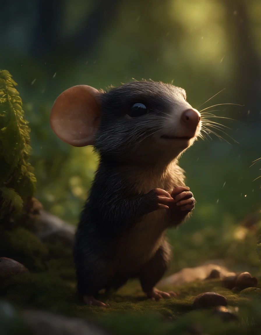 (CBZBB:1.25),gremlin, gremlin, Runs, looks like a mole, ((Ez idna)), in a clearing under an oak tree, holding a large acorn in his paws, CBZBB,Cute, Small, baby, Beautiful, Fantasy art, deviant art, trending artstation, Digital Art, Detailed, Realistic, humanoid, character, tiny, Cinematic shot, cinematic portrait of a mole, cute character, looks like a mole, dark forest, rain is dripping, fireflies sparkle, a stream flows,