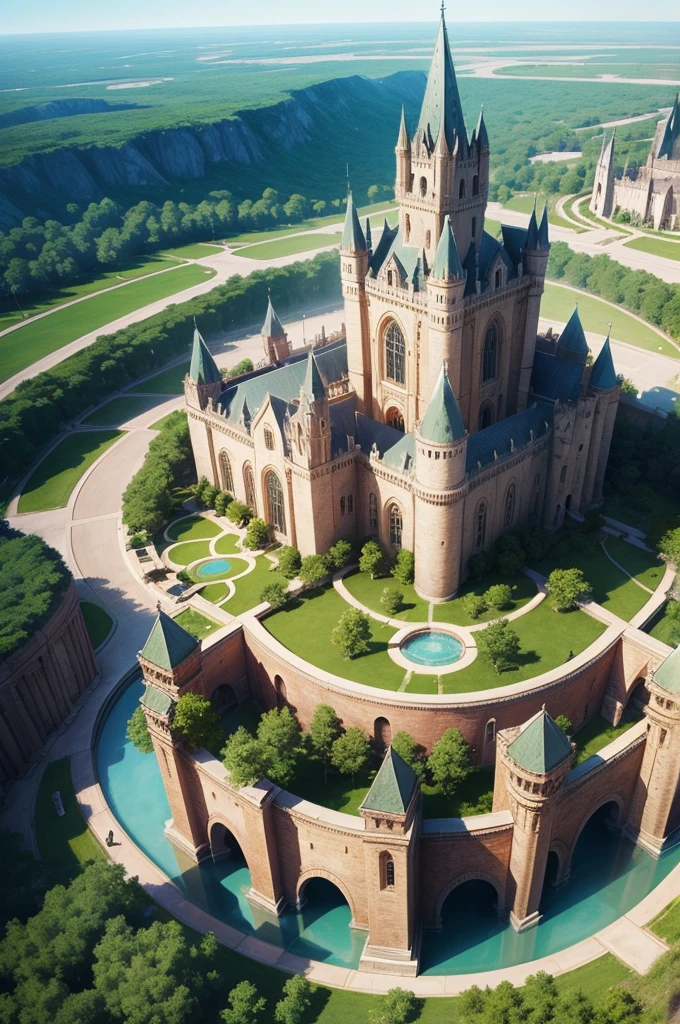 A Top down View of a Magical Fantasy University, it has a large fountain in the center and large walls surrounding the whole Campus