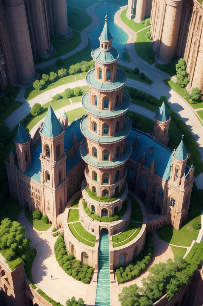 A Top down View of a Magical Fantasy University, it has a large fountain in the center and large walls surrounding the whole Campus