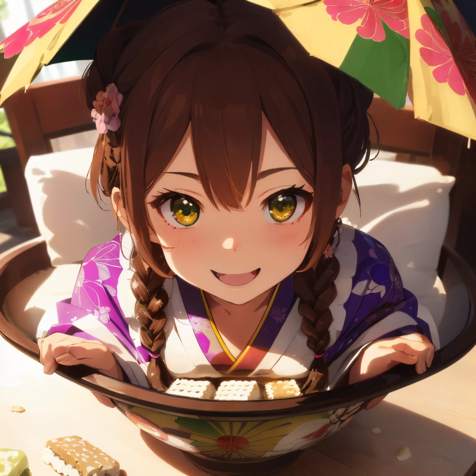 ((Brown hair)),((Braided shorthair)),((Brown eyes)),Slight red tide,(Tea room in the Edo period),((chaise lounge covered with red sheet)),(Japanese pattern standing parasol),((Purple, Yellow-green, and a pink kimono)),(white cape),((He has a bowl with anko and rice cakes in it.)),(he looks at us with a happy face.),Kamimei,(Perspective from above),(close up of face),