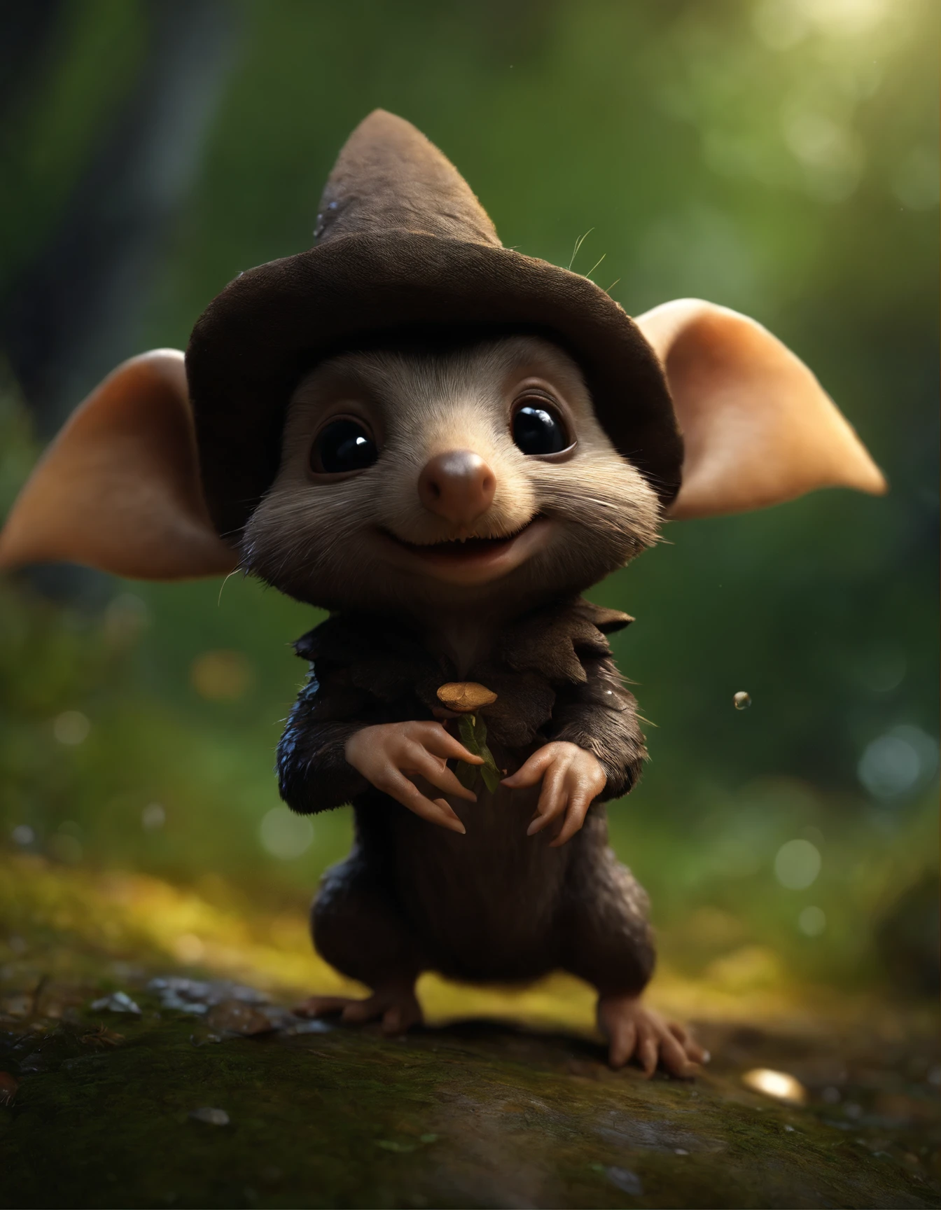 (CBZBB:1.25),gremlin, gremlin, Runs, looks like a mole, ((Ez idna)), in a clearing under an oak tree, holding a large acorn in his paws, CBZBB,Cute, Small, baby, Beautiful, Fantasy art, deviant art, trending artstation, Digital Art, Detailed, Realistic, humanoid, character, tiny, Cinematic shot, cinematic portrait of a mole, cute character, looks like a mole, dark forest, rain is dripping, fireflies sparkle, a stream flows,