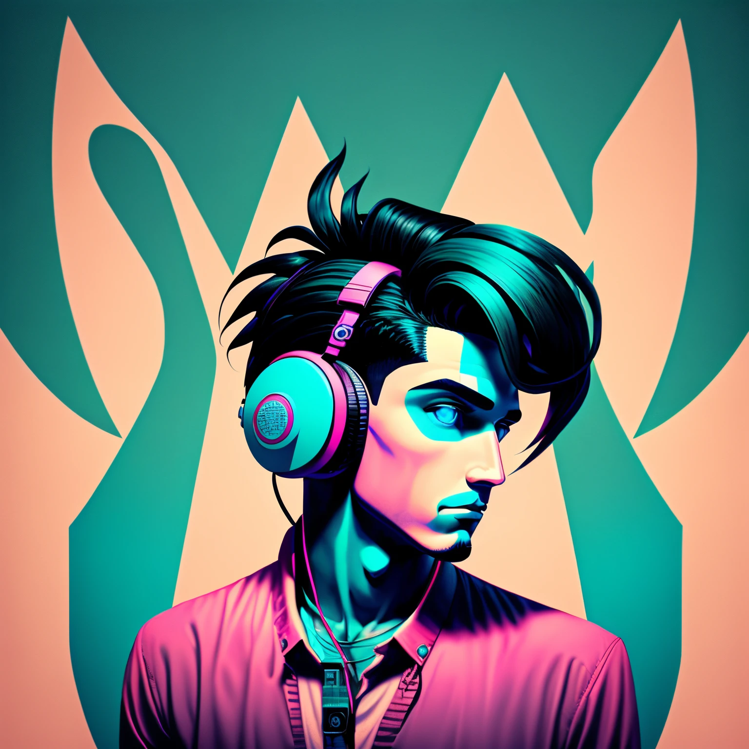 poster with a man in headphones and the inscription unique freaks, art, depicting a control freak, whimsical, unusual, based on Aquirax Uno, unique, fake, Unique Features, unique heads, Leaked footage, promo art, Unreal craft, unknown artstyle, Unreal Ungine 5, muted vaporwave, unreal ombre, Прическа Undercut, Cyan eyes, A guy of European appearance, black hair color