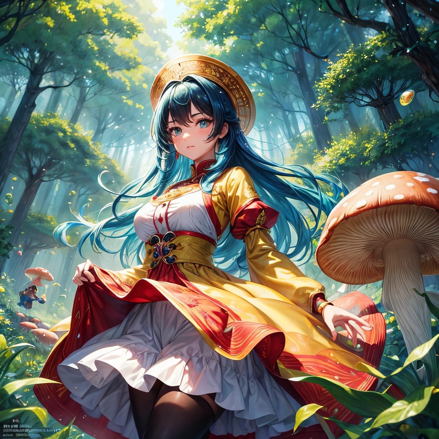 Nahida (tmasterpiece), (Best quality at best), (ultra - detailed),(ldisheveled hair),(illustratio), (1个Giant Breast Girl), 美丽细致的眼睛,exquisite and beautiful face,floating,(high saturated),(colorful splash),Colorful bubbles,(Shiny),Focus on the face, Walking in a forest full of colorful mushrooms
