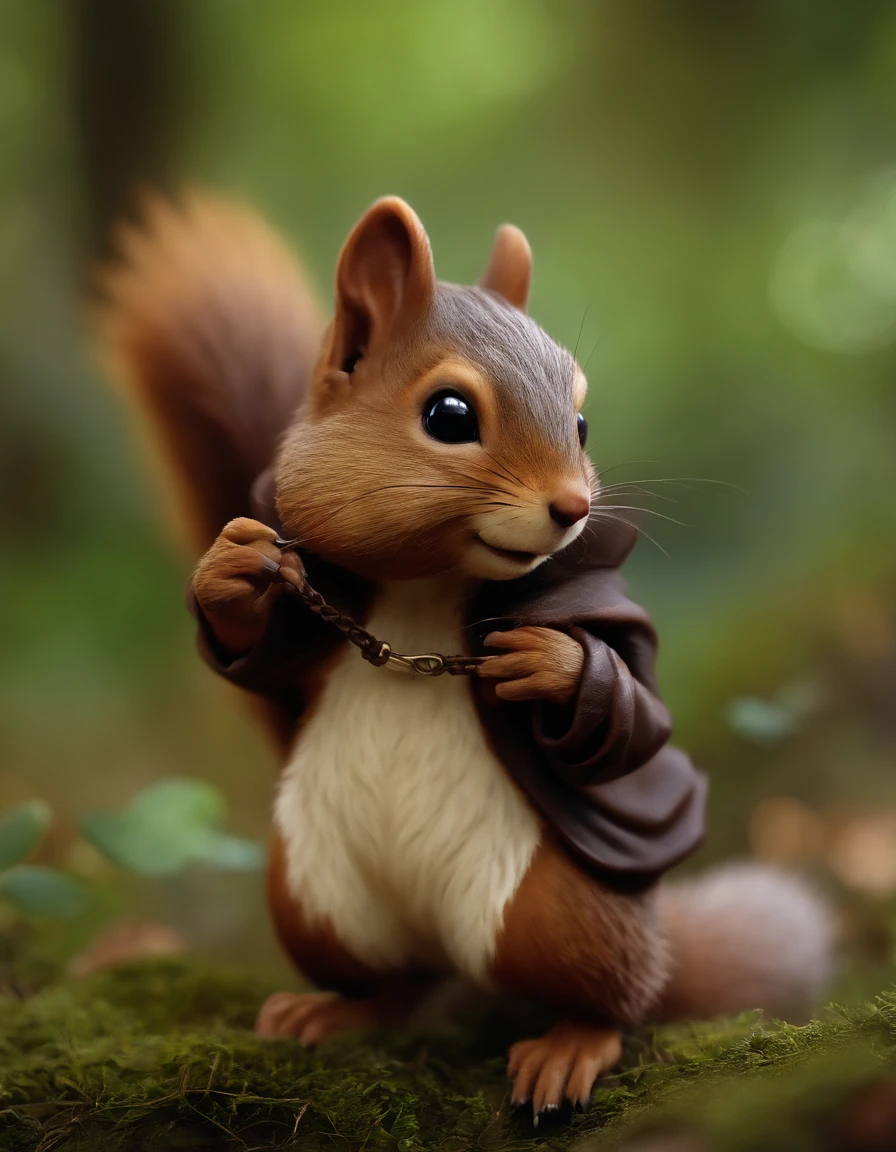 (CBZBB:1.25), Realism,fantasy gremlin, Gremlin looks like a fairy squirrel, ((Ez idna)), in a clearing under an oak tree, holding a large acorn in his paws, wear a dark leather vest with a hood, CBZBB,Cute, Small, baby, Beautiful, Fantasy art, deviant art, trending artstation, Digital Art, Detailed, Realistic, humanoid, character, tiny, Cinematic shot, cinematic portrait of a squirrel, cute character, looks like a mole,