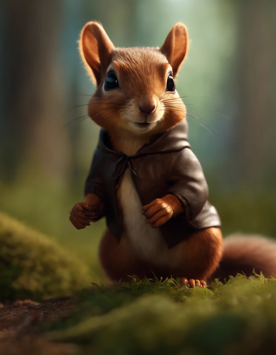 (CBZBB:1.25), Realism,fantasy gremlin, Gremlin looks like a fairy squirrel, ((Ez idna)), in a clearing under an oak tree, holding a large acorn in his paws, wear a dark leather vest with a hood, CBZBB,Cute, Small, baby, Beautiful, Fantasy art, deviant art, trending artstation, Digital Art, Detailed, Realistic, humanoid, character, tiny, Cinematic shot, cinematic portrait of a squirrel, cute character, looks like a mole,
