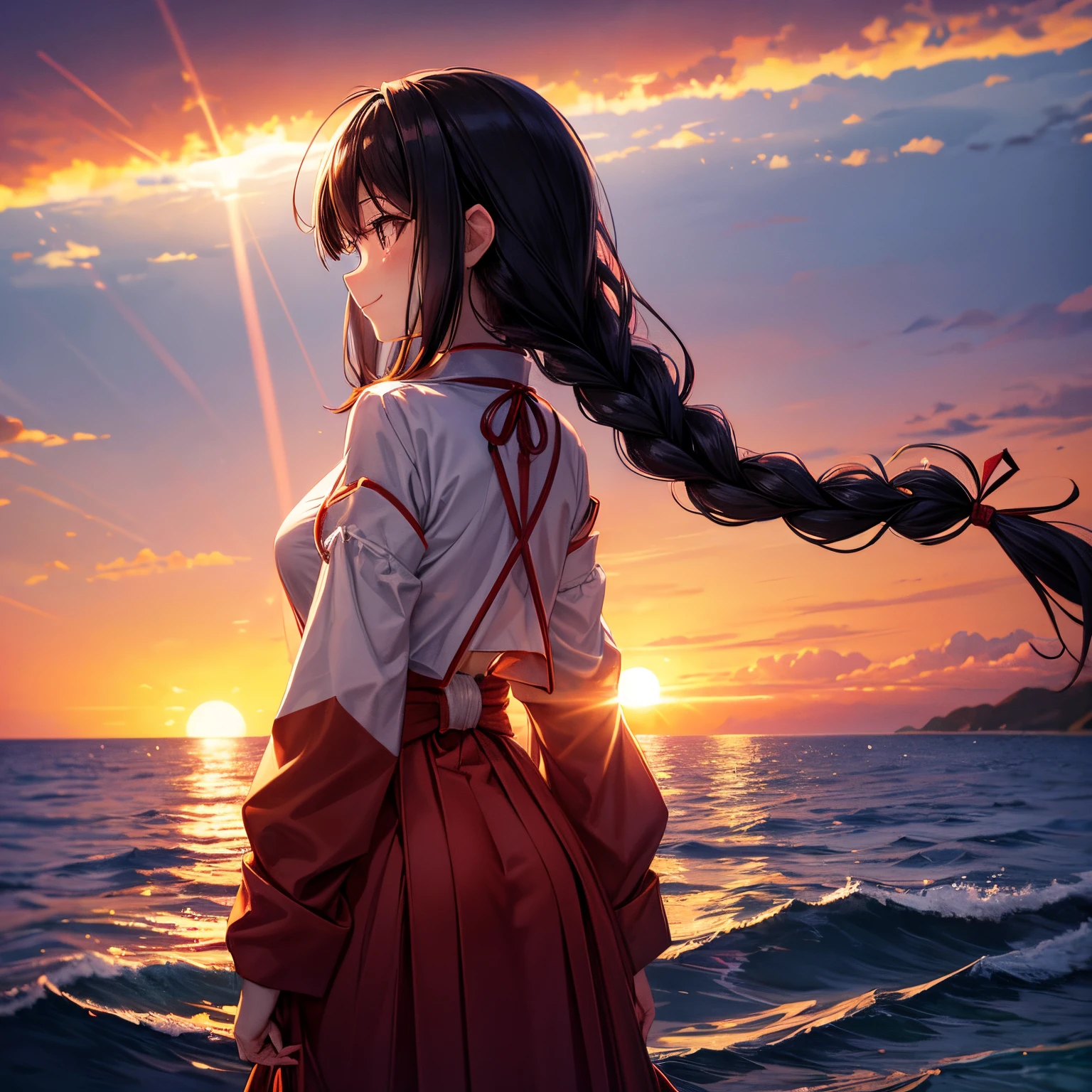1个Giant Breast Girl, Alone,ssmile, sea beach,(the sunset:1.1), akagi_inca(Denchi project), Alone, Star hair ornaments, Double up braid,spark of light, from back, back to look back, Huge sunset,Red floats, 校服, the night, waving hands, Mare