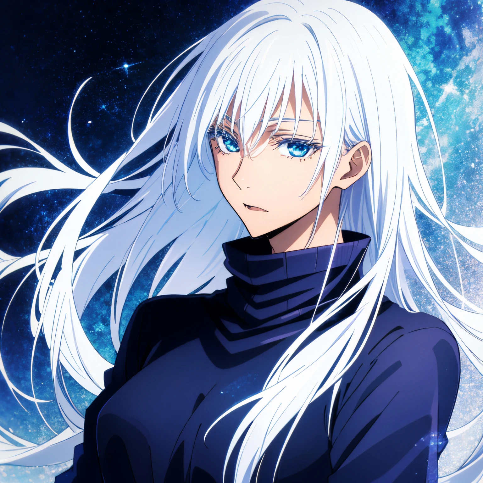 16k, high resolution, high quality, master piece, chest to face, licking expression, Gojo Satoru solo, silver hair, straight long hair, beautiful blue eyes, solo, one beautiful woman, black sweater,