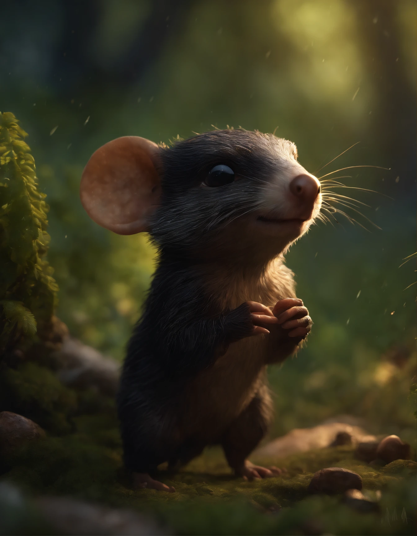 (CBZBB:1.25),gremlin, gremlin, Runs, looks like a mole, ((Ez idna)), in a clearing under an oak tree, holding a large acorn in his paws, CBZBB,Cute, Small, baby, Beautiful, Fantasy art, deviant art, trending artstation, Digital Art, Detailed, Realistic, humanoid, character, tiny, Cinematic shot, cinematic portrait of a mole, cute character, looks like a mole, dark forest, rain is dripping, fireflies sparkle, a stream flows,