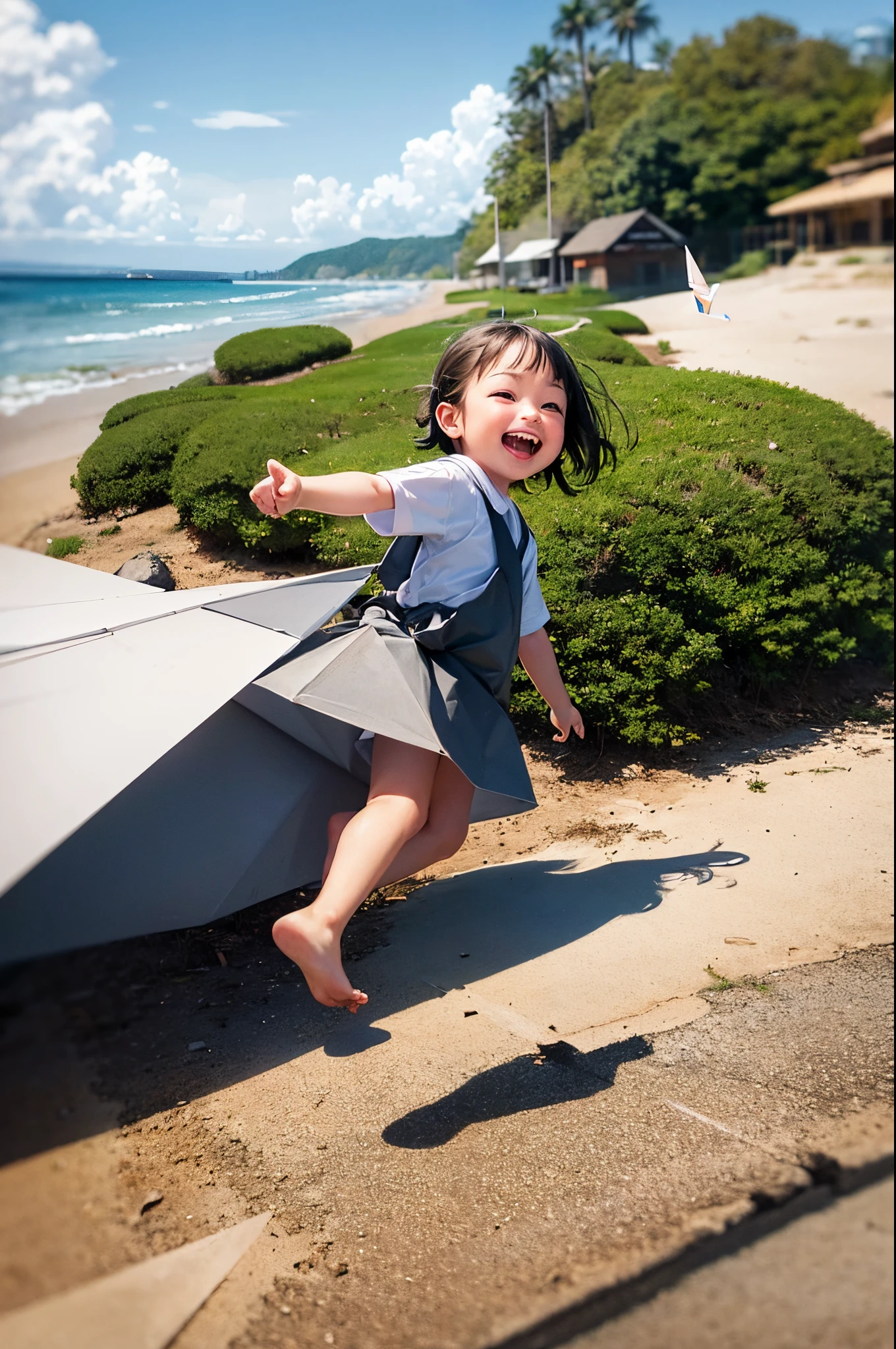 small child outdoors,portrait of a full body,5years old,((paper airplane)),happily laughing,mini cute toddler、Taken from the side、Strong bokeh、sand beach