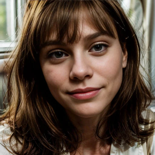 50yo plump Claire danes with light brown hair, with bangs, looking at the camera, (bulbous nose) (large mouth), (closed mouth), smile, sexy, (full lips), sitting, Claire danes. Homeland, Claire danes, (50 years old) natural skin, big eyes
