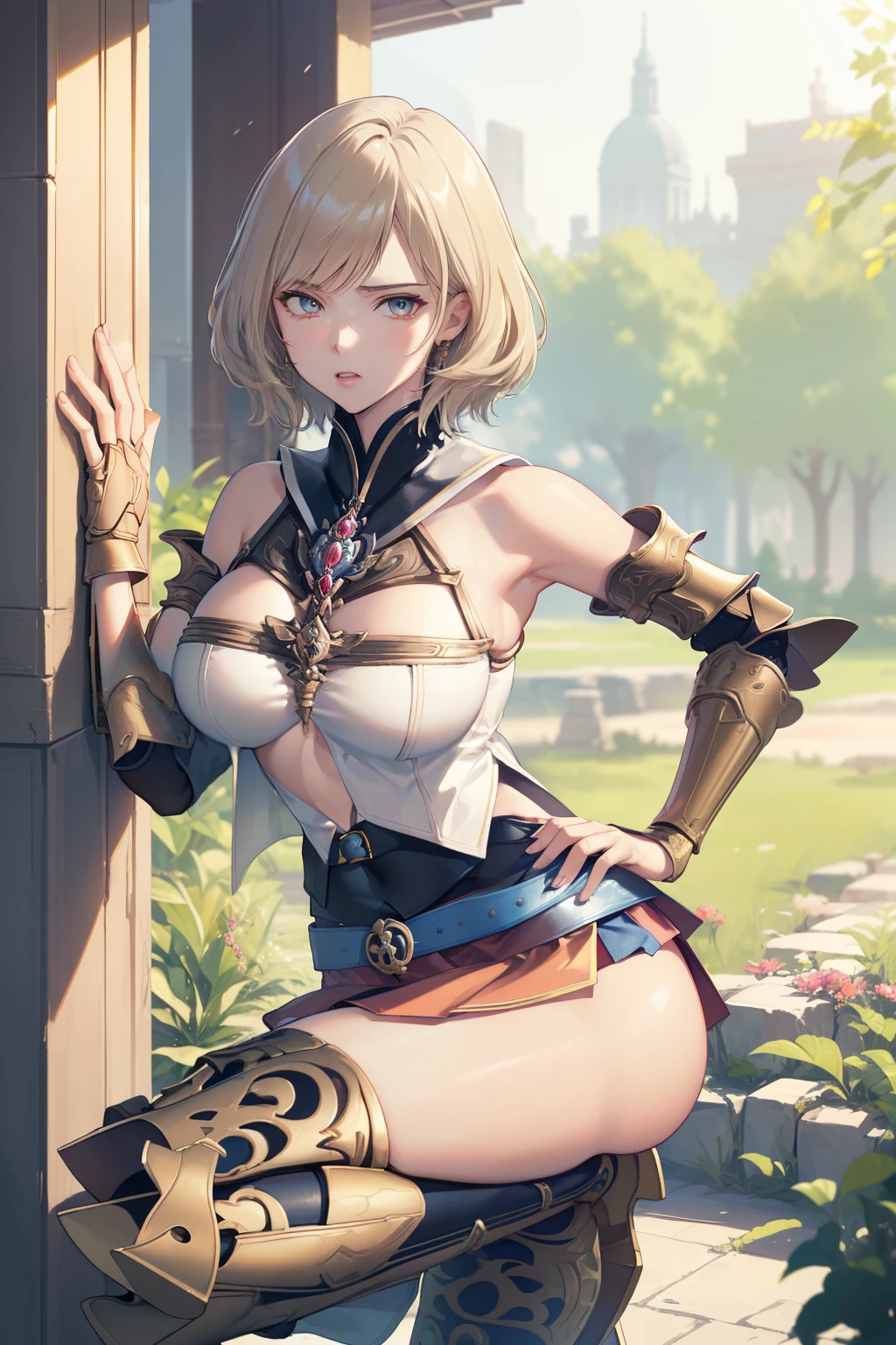 (the golden ratio,masutepiece, of the highest quality, Best Quality, Beautiful and aesthetic:1.2), ighly detailed, Colorful,highest details, (Adults,age19,1girl in, Solo, Final Fantasy 12,Ashelia, shorth hair, short-hair,Ashelia Costume, Colossal tits, a miniskirt,thigh high boots, thighs thighs thighs thighs, jewely,Contemptuous look,Eyes like looking at garbage, her hand lifts her skirt.,Show me your panties,trying to trample you