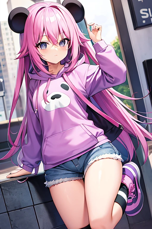 Pink hair, panda hoodie, jean shorts, thigh high socks, purple shoes, grey eyes.