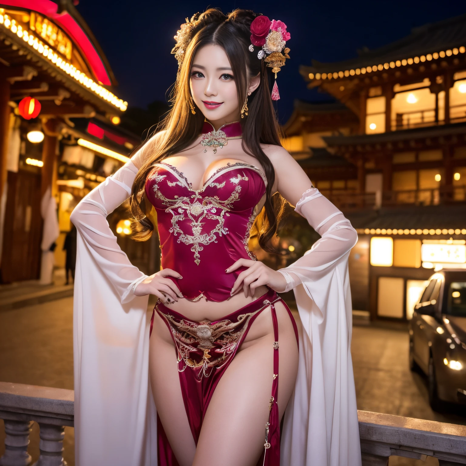 ((top-quality、masutepiece、8K、Top image quality、Highly complex and detailed depictions))、(Photo of the upper body of a Japanese prostitute:1.3)、Luxurious guruhouse at night、The most luxurious Japanese courtesan costume、((The most gorgeous Japanese prostitute's huge costume、the most vivid and luxurious costumes、big long costume、The most luxurious and huge garrison、An unimaginably luxurious garrison、A very luxurious and huge garrison、Huge courthouse at midnight、Very complex decoration、very clear huge garrison))、(View me、Bewitching smile、Perfect makeup、long eyelashes、lipsticks、Pink eyeshadows、perfect anatomia、A slight smil)、(A clear background of a huge garrison:1.3)、(Prostitutes、whore、mistress、concubine、lewd woman:1.3)