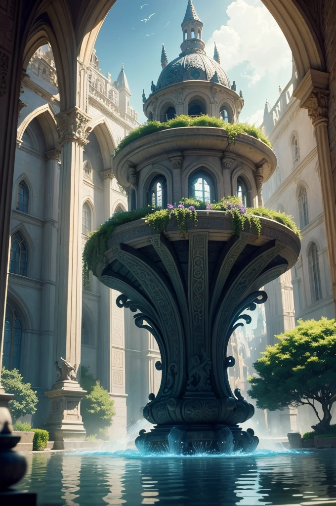 best quality,4k,highres,masterpiece:1.2,ultra-detailed,realistic:1.37,landscape,concept artists,magical,fantasy,university,top down view,colossal,Castle-like walls,lush greenery,vibrant flowers,sculptures,epic architecture,enchanting atmosphere,mystical creatures,floating magical orbs,whimsical floating lanterns,sparkling water in the fountain,majestic towers,reverberating echoes,ancient trees,secret courtyards,majestic library,ornate stained glass windows,golden sun rays streaming through clouds of mystical energy,shimmering rainbow bridges,spellcasting in progress,books levitating and flipping pages on their own,giant magical crystals illuminating the night sky,sorcery classes,alchemy laboratories,hidden doorways to secret realms,ethereal music filling the air,peaceful tranquility,practicing levitation and transformation spells,dragon-shaped sculptures,quidditch matches in the courtyard,celebrations and festivals filled with enchantment and wonder,vibrant colors creating a whimsical atmosphere