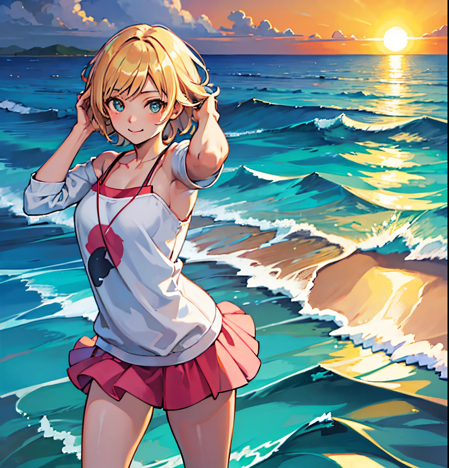 (best quality,masterpiece:1.2),ultra-detailed,realistic,anime style,girl with short skirt posing on a beach with a wave,illustration,pastel colors,warm lighting,ocean breeze,playful expression,flowing hair,sparkling eyes,endless horizon,soft sand,sunny day,seashells scattered around,crashing waves,sunset reflection on the water,gentle waves,melody of seagulls,relaxed atmosphere