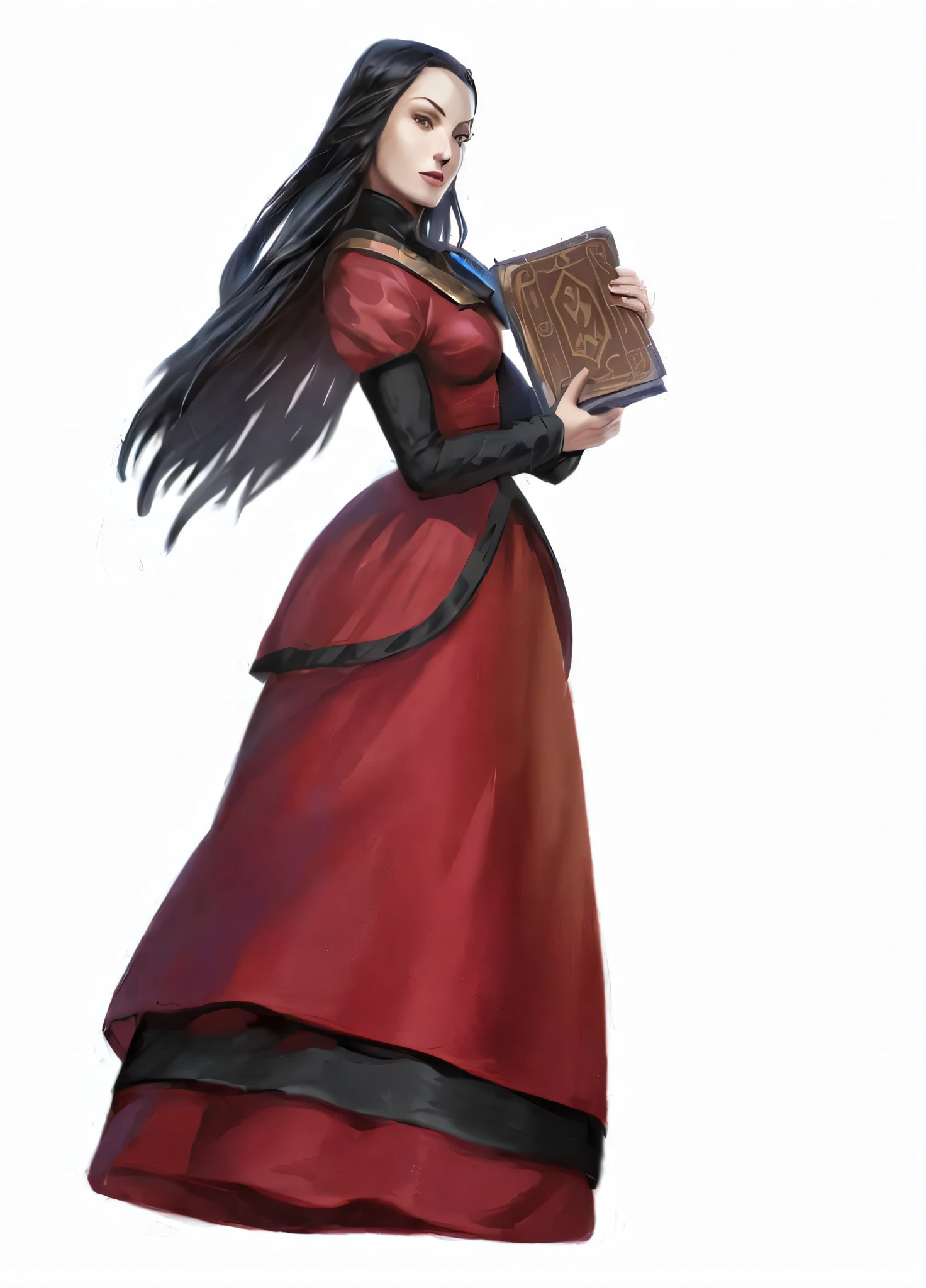 a drawing of a woman in her forties in a red dress holding a book, rpg book portrait, carmilla vampire, rpg portrait full body, black - haired mage, full-body character portrait, female cleric, castlevania witch, pretty female cleric, full portrait of elementalist, from pathfinder