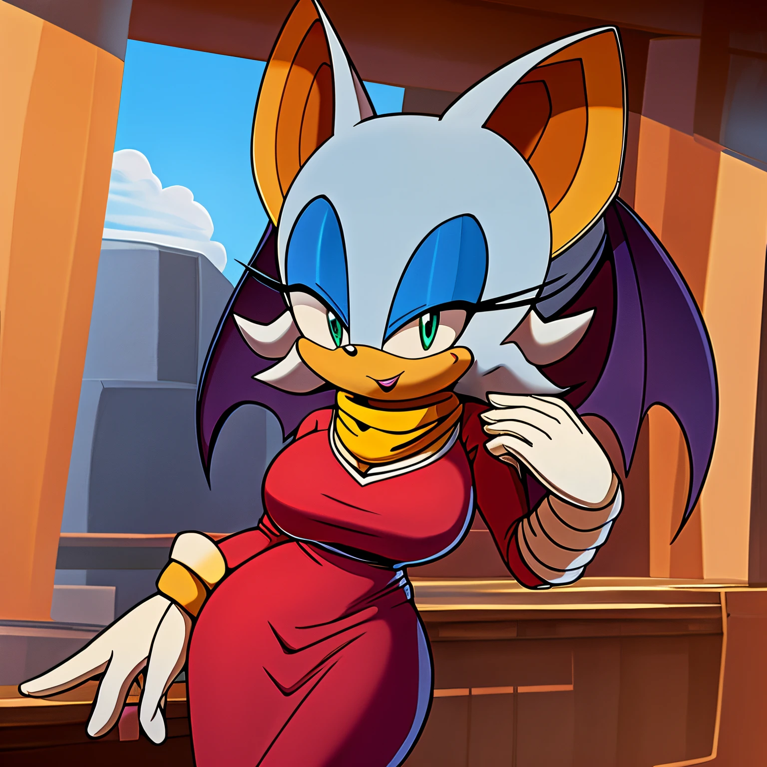 Rouge the Bat dressed as Bulma, bulmadbzreddress, red dress, yellow scarf