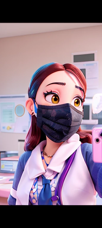 arafed woman wearing a mask and a blue tie, wearing all black mempo mask, wearing mask, wearing facemask, wearing a mask, 8k selfie photograph, chiho, surgical mask covering mouth, mask, kanliu666, one single mask, facemask, sakimichan, jisoo from blackpink, medical mask, student, blackpink jennie