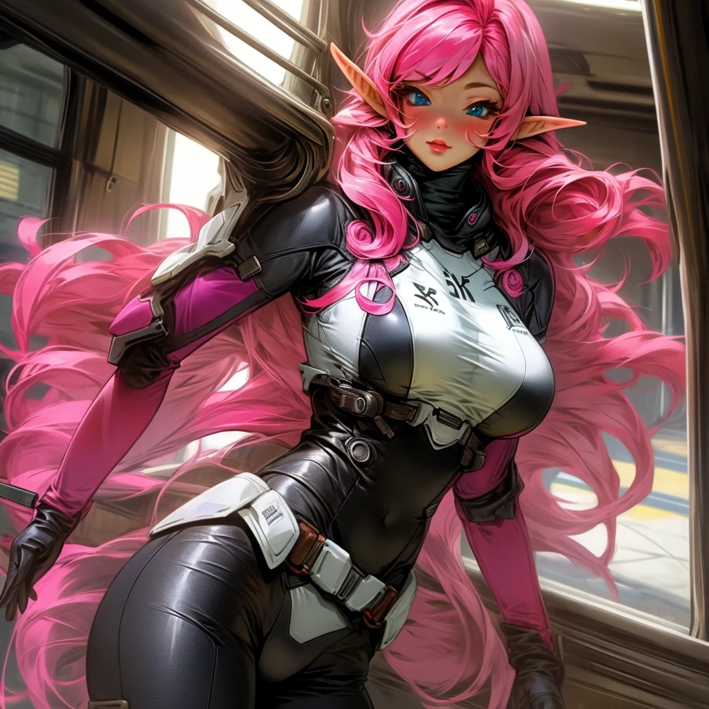 Pilot suit, big breasts, long pink hair, leotard, cute, sexy, elf ears, brown