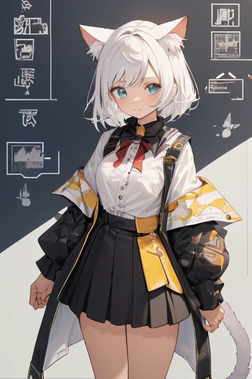 Cat ears, White hair, character chart,Teenage girl,short skirt