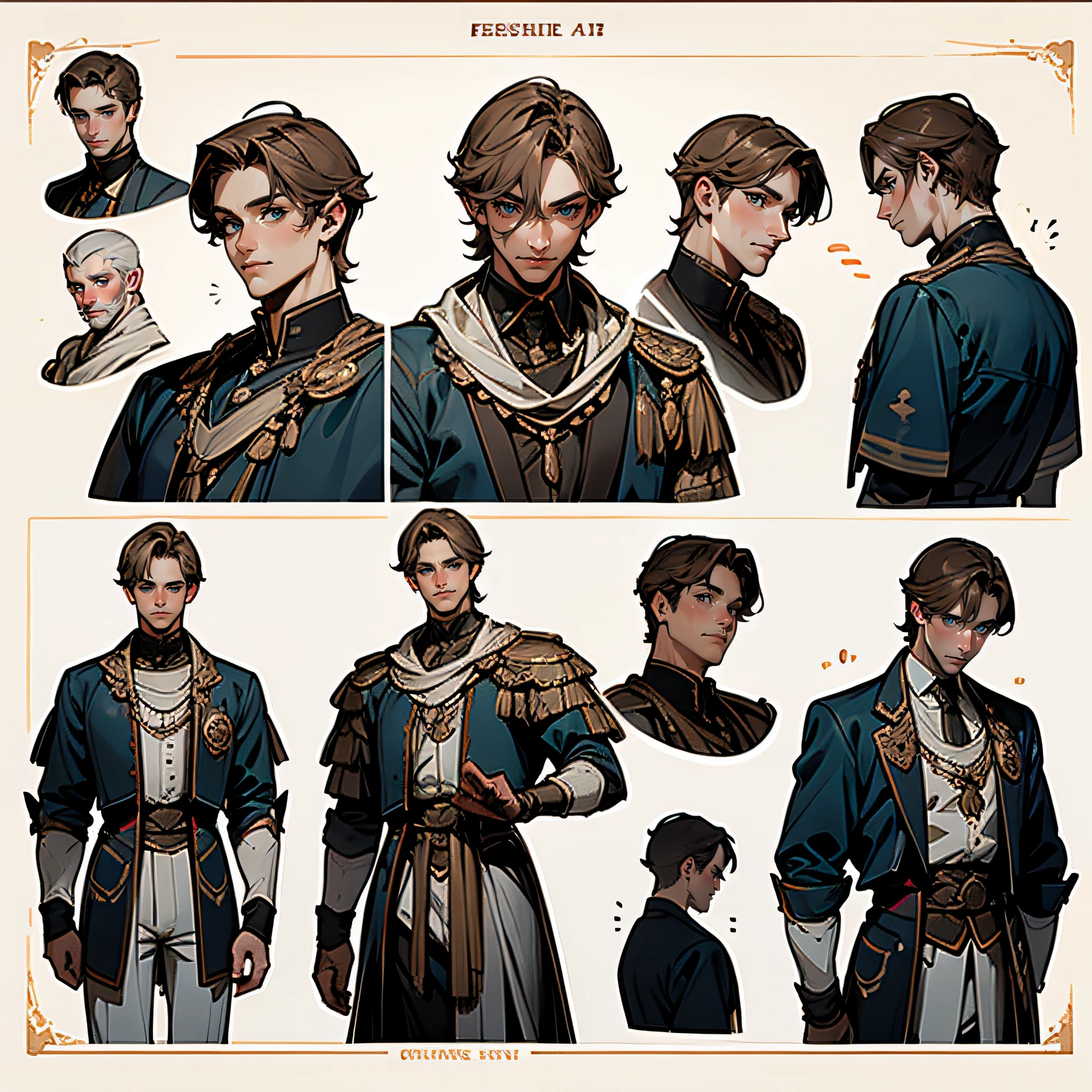 (Best quality, High quality), (Vues multiples)++, (reference sheet)+, 1homme, esthétique joli visage chevalier, guerrier male, fond blanc, ne pas recadrer le personnage sur la toile, personnage au centre de la toile, pas d'sash, Pas de capot, pas de masque, pas du cap