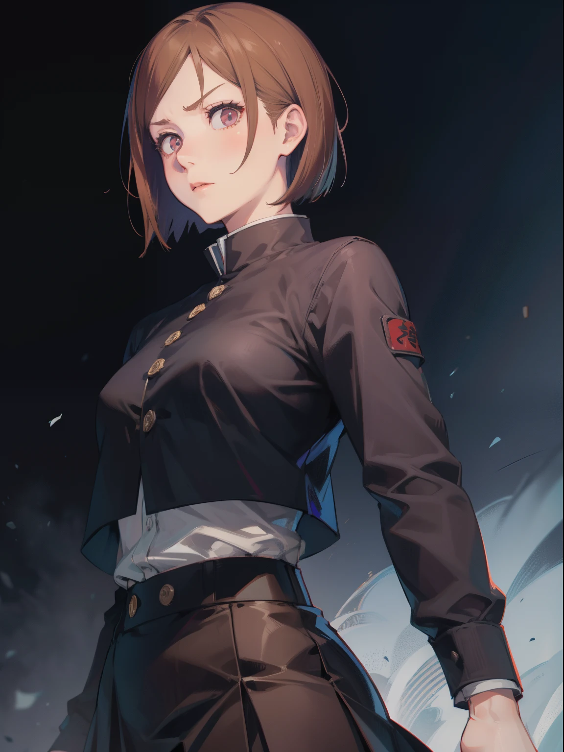 Kugisaki nobara from jujutsu kaisen, mini skirt, short hair,1 girl, perfect body, realistic, extremely detailed face, brown hairs