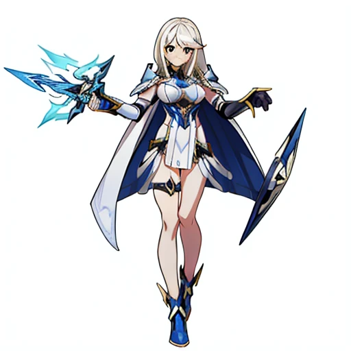 (((Best Quality))) , ((full body)), female, multiple views, (white background), holding weapon, white cloak, gauntlets, holding shield,