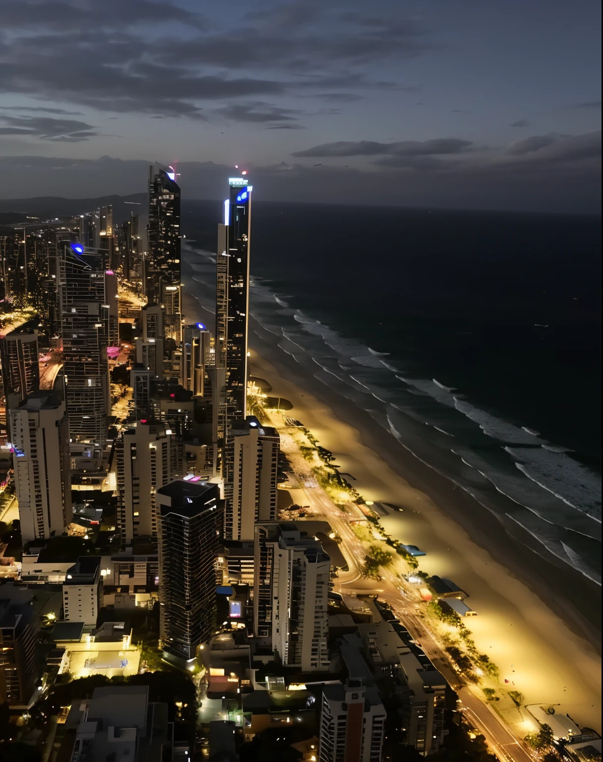 city night scene、Arafad view of beach and ocean, gold coast australia, Night video, Helicopter footage taken over the city, 4k drone photography, aerial footage, drone footage, shot from drone, during night, Drone overlooking the city, shot from drone, hd aerial photography, timelapse in game, Vivid and detailed, drone photography, shot at night