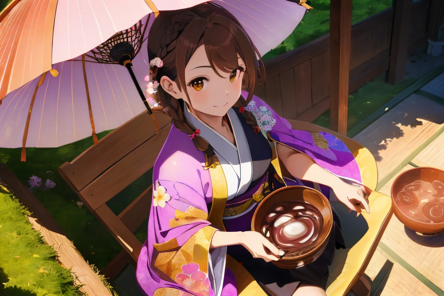 ((Brown hair)),((Braided shorthair)),((Brown eyes)),Slight red tide,(Tea room in the Edo period),((chaise lounge covered with red sheet)),(Japanese pattern standing parasol),((Purple, Yellow-green, and a pink kimono)),(white cape),((He is holding a bowl containing bean paste and mochi....)),(he looks at us with a happy face.),Kamimei,(Perspective from above),(close up of face),