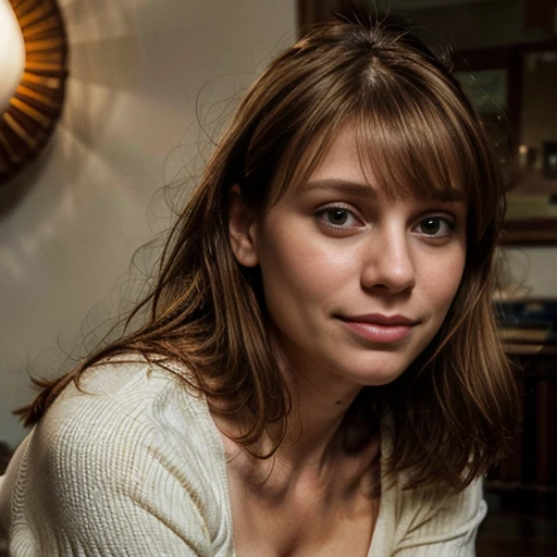 50yo plump Claire danes with light brown hair, with bangs, looking at the camera, (bulbous nose) (large mouth), (closed mouth), smile, sexy, (full lips), sitting, Claire danes. Homeland, Claire danes, (50 years old) natural skin, big eyes, cleavage