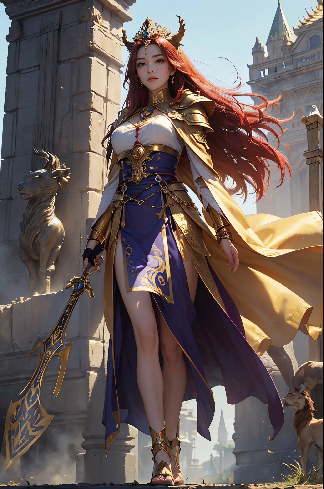 ((masterpiece)))、(((top-quality)))、((ultra-detailliert))、(A hyper-realistic)、(highly detailed CGillustration)、Official art、Lion motif、Gold and red tones、Fantasia、Ancient mythology、Ancient Babylonia、twilight battlefield、Uruk、phantom hanging garden、Mystical、solemnity、An majestic、Best Quality, master piece、twilight battlefield、Ishtar, Goddess of War、guardian of babylon、Increase your fighting spirit、Invincible Great General、Awe-inspiring Hall々、Brave、glory of babylon、Honor of Babylon、veteran hero、Slender eyes、matchless beauty、Rin々Right、Guardian of the Lion、refinement、noble、Proud、Wearing noble jewelry、Equip your weapons、The appearance is luxurious and golden armor、Cloak in the wind、Tall and lean、Model body type、fiery red long hair、Perfect Angle、perfect-composition、low angles、full body Esbian