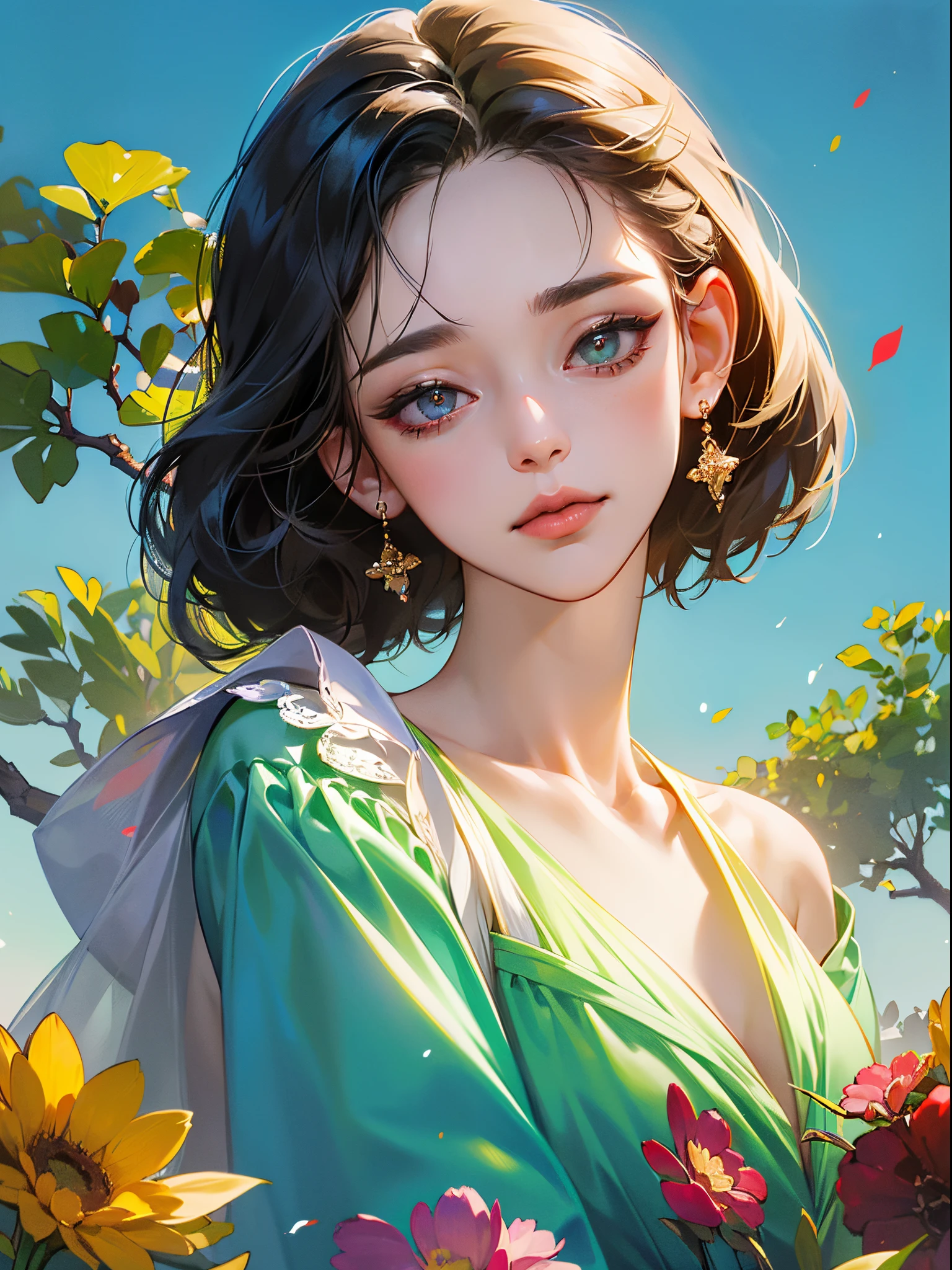motivo borboleta、tons de verde e vermelho、cores vibrantes、((obra prima)))、(((qualidade superior)))、((ultra-detalhada))、(Um hiper-realista)、(CGillustration altamente detalhado)、Arte Oficial、Paris at the beginning of the 20th century、decadente、Madame Papillon、beleza legal、Mascarada、Refinamento、elegence、gorgeous、Masks that cover most of the face、Colorful and detailed mask design、unparalleled beauty、fans、lindo vestido、joias、solo feminino、perfect angle、perfect compositio、Esbian de corpo inteiro