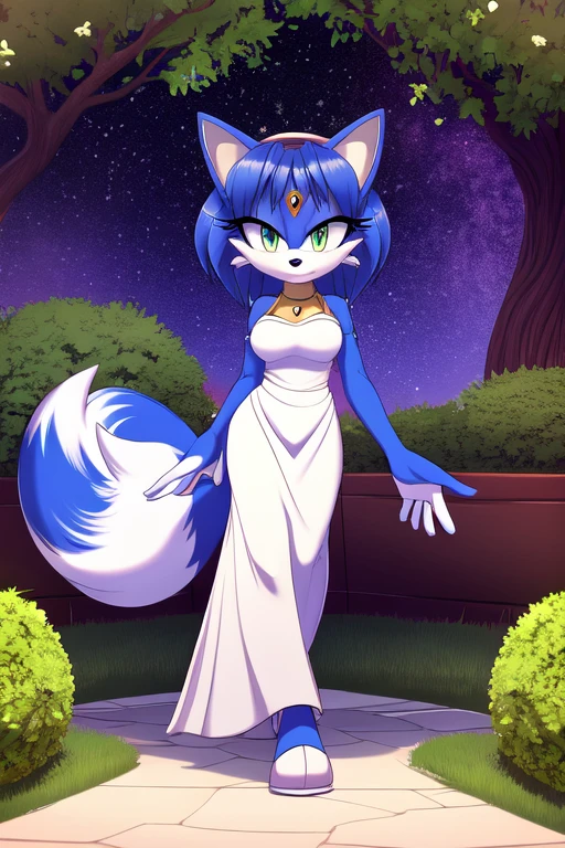 Krystal The Fox, Beautiful, White Dress, Long Dress, Garden, Night, Stars, Looking at Viewer, walking, 2D illustration.