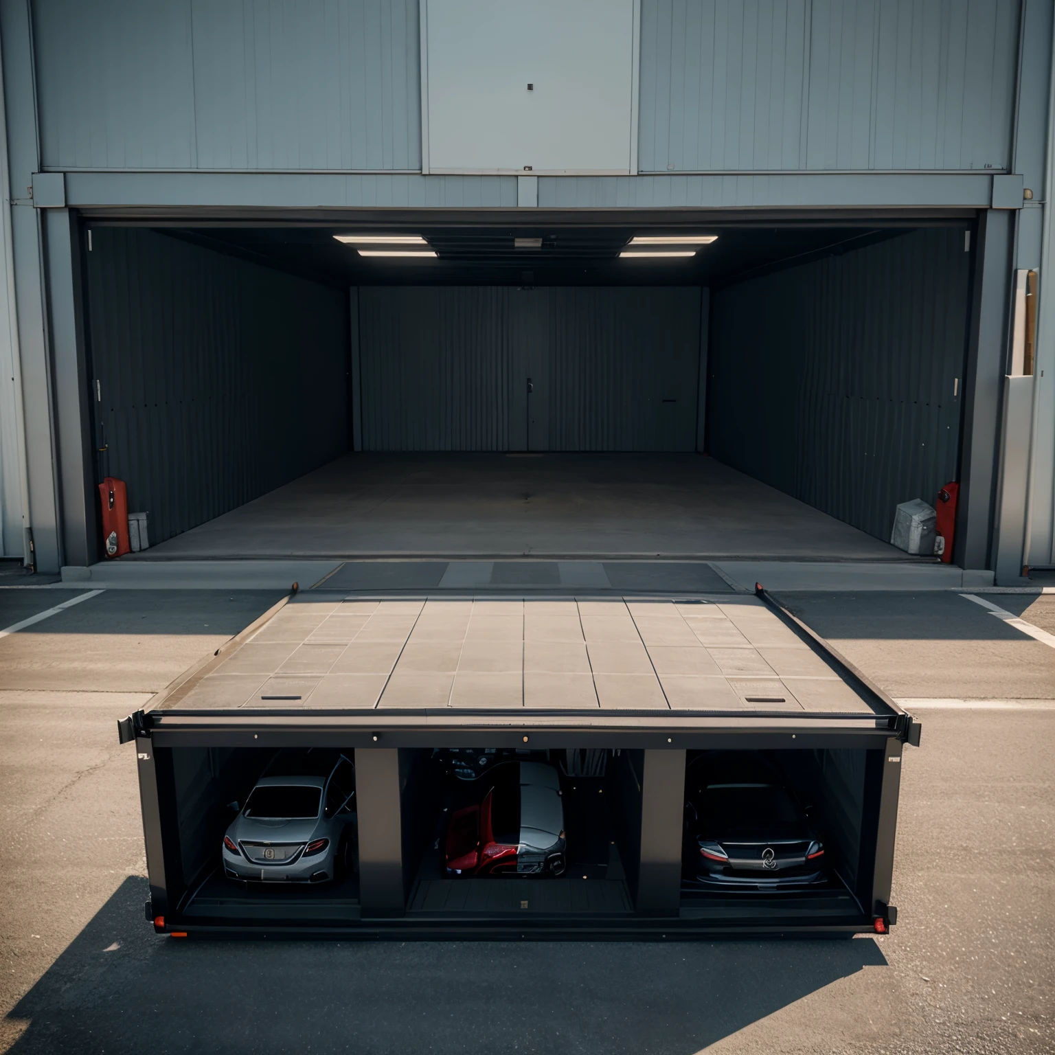 render a luxury car storage warehouse realistic
