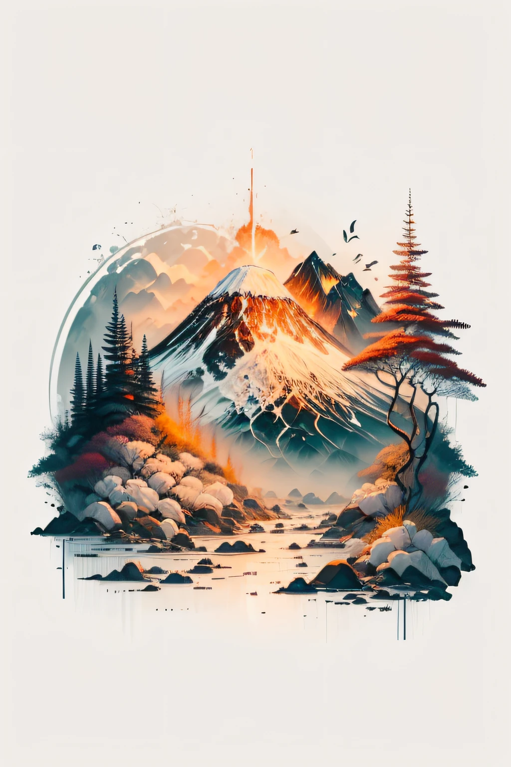 (fundo branco: 1.3), Landscape, vulkan, fire, water, brazi, birds, pintar