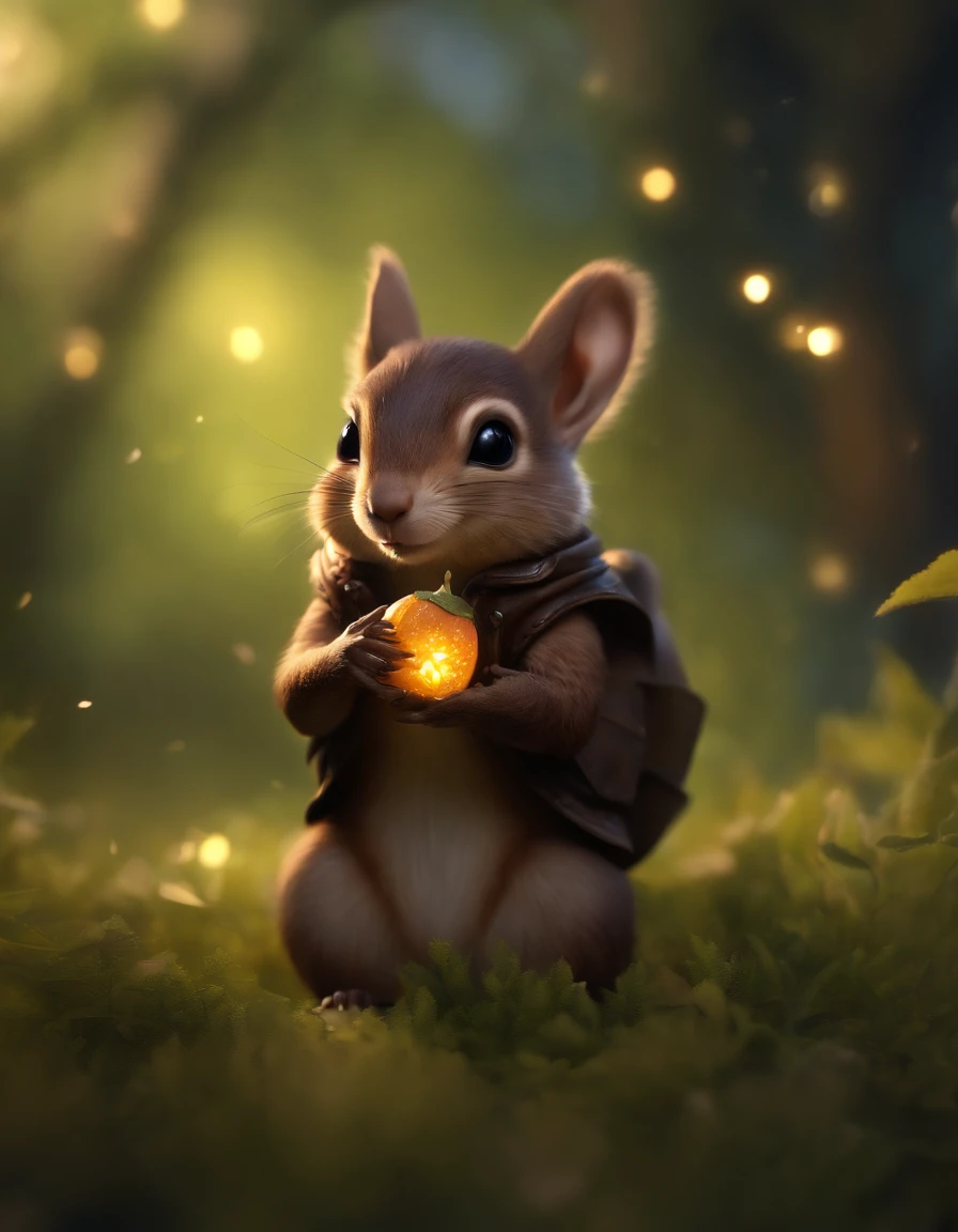close-up of cute little fireflies, illuminating the bush, detailed picture, cgsociety, detailed painting, artstation hd, higly detailed, cgsociety, photo realism, ConceptArt, artstation hd, official arts, bokeh ,(CBZBB:1.25), Realism,fantasy gremlin, Gremlin looks like a fairy squirrel, ((Ez idna)), in a clearing under an oak tree, holding a large acorn in his paws, wear a dark leather vest with a hood, CBZBB,Cute, Small, baby, Beautiful, Fantasy art, deviant art, trending artstation, Digital Art, Detailed, Realistic, humanoid, character, tiny, Cinematic shot, cinematic portrait of a squirrel, cute character, looks like a mole,