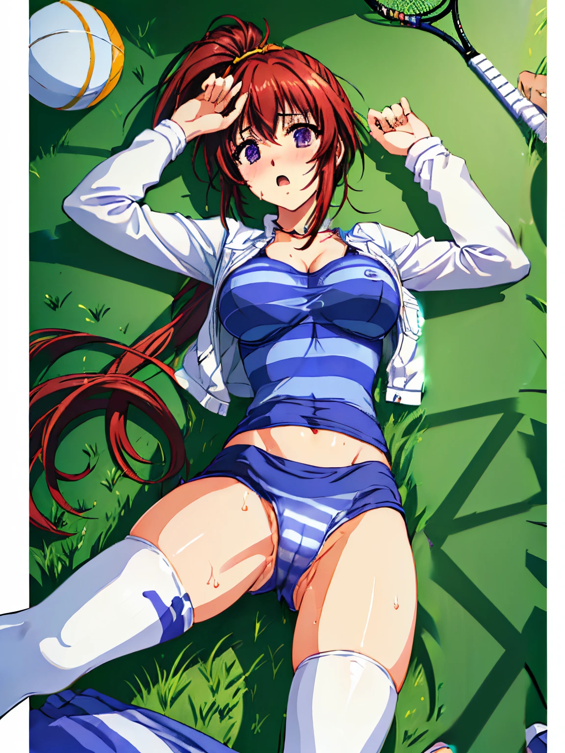 NSFW,Sweat,perspired,4fingers and 1thumb,Five Fingers,(((Shy))),(((trembling))),(Tennis Wear),(((Lying))),(((open one's legs))),(((opens legs))),blue striped pants,grass field,(((My jacket rolls up))),(((blue striped bra)))