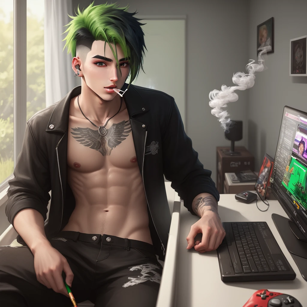 Male with black and green hair, a septum and bridge piercing, smoking in his room gaming