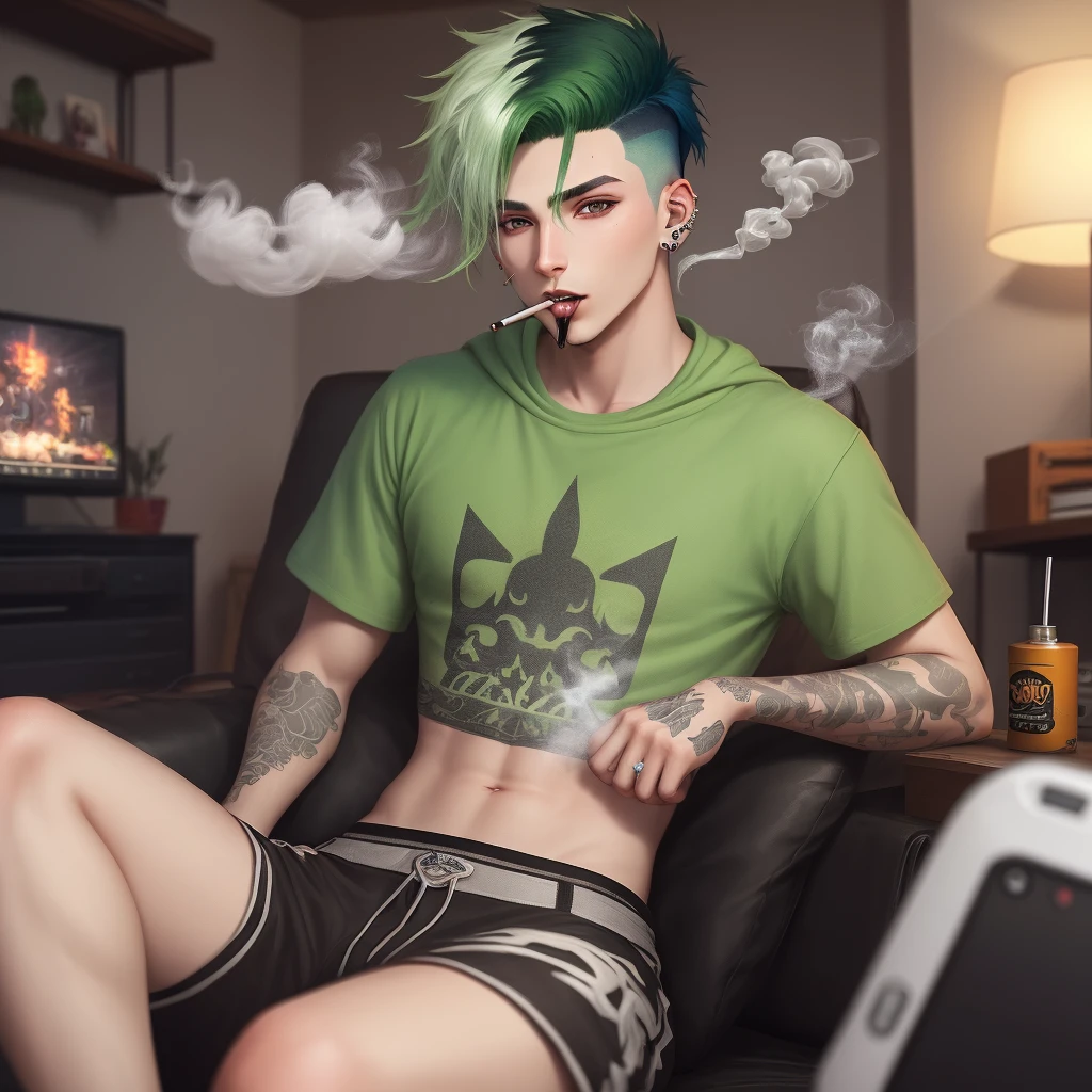 Male with black and green hair, a septum and bridge piercing, smoking in his room gaming