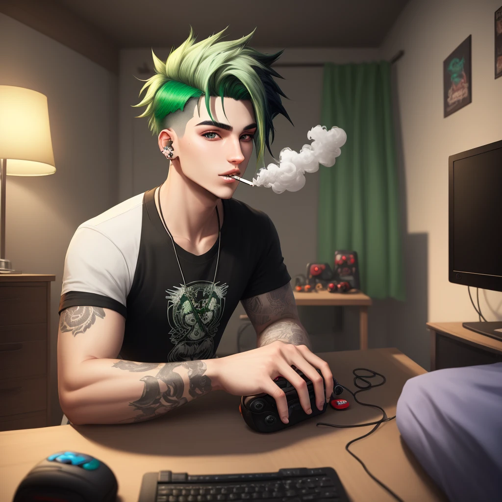 Male with black and green hair, a septum and bridge piercing, smoking in his room gaming