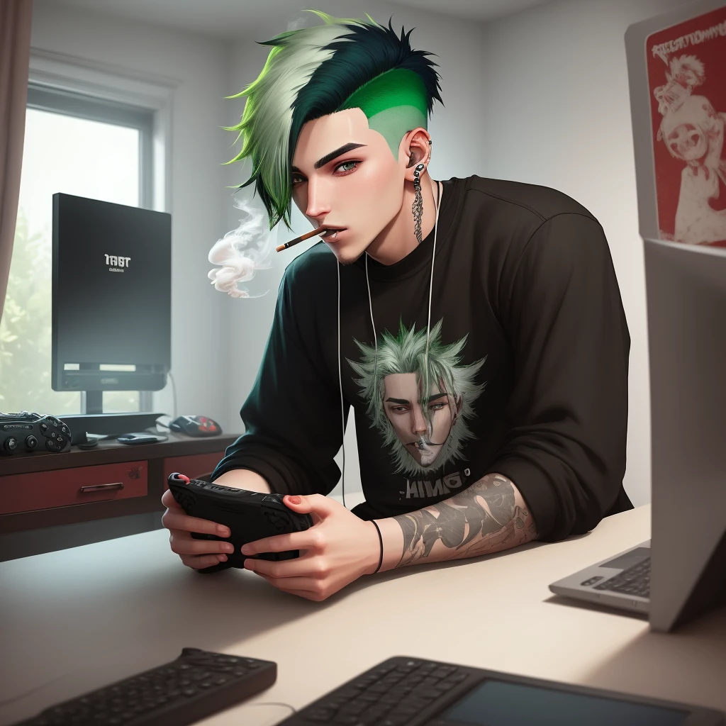 Male with black and green hair, a septum and bridge piercing, smoking in his room gaming