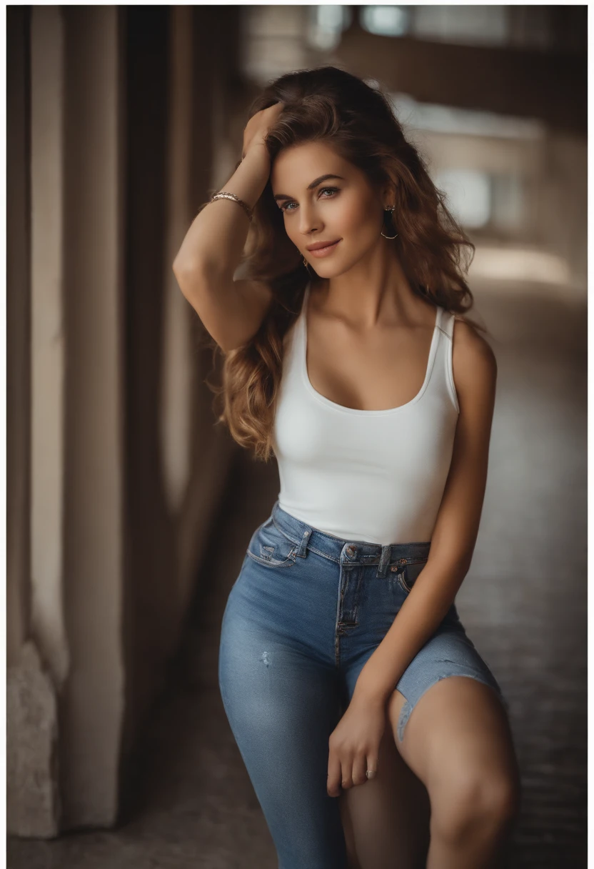 Cute 18 year old girl. belleza femenina. Shy pose. Forma de cuerpo sexy. camiseta blanca sin mangas. Mini falda jeans. en su vida diaria, actividad al aire libre. Cabello rubio largo y lacio.Adolescente muy hermosa. piernas largas.